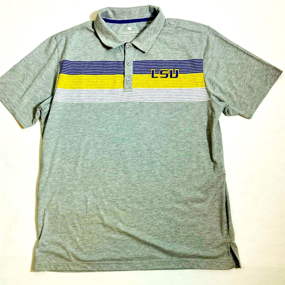 COLOSSEUM LSU GREY W/PURPLE YELLOW & WHITE STRIPS SHORT SLEEVE POLO MENS XL - Picture 3 of 5